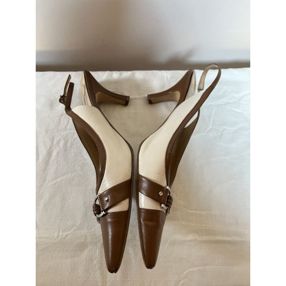 Y2K Vintage Leather Slingback Kitten Heel Spectator Pumps Cap Toe Brown White - Picture 6 of 11